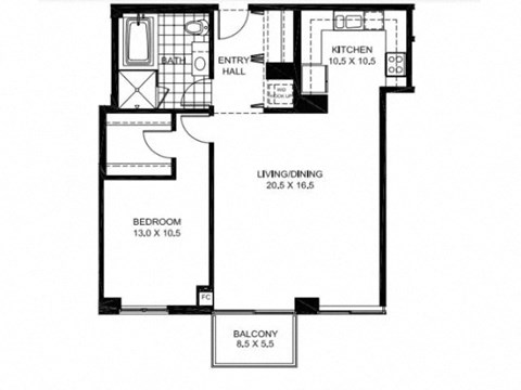 Floor plan for 1 bed, 1 bath